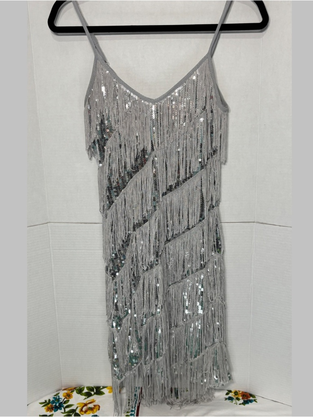 Silver 1920s Flapper Girl Silver Sequin Fringe Mini Slip Dress New Years Party